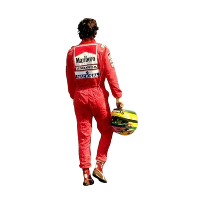 Ayrton Senna 1991 McLaren F1 Racing Suit featuring iconic red Marlboro McLaren racing graphics and authentic sponsor detailing