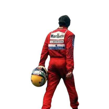 Ayrton Senna 1991 McLaren F1 Racing Suit featuring iconic red Marlboro McLaren racing graphics and authentic sponsor detailing