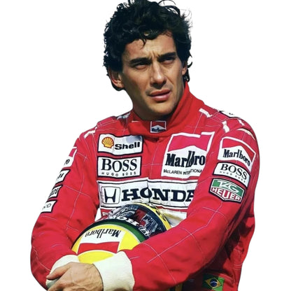 Ayrton Senna 1991 McLaren F1 Racing Suit featuring iconic red Marlboro McLaren racing graphics and authentic sponsor detailing