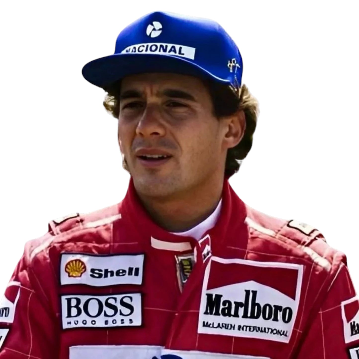 Ayrton Senna 1991 McLaren F1 Racing Suit featuring iconic red Marlboro McLaren racing graphics and authentic sponsor detailing