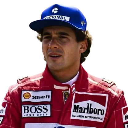Ayrton Senna 1991 McLaren F1 Racing Suit featuring iconic red Marlboro McLaren racing graphics and authentic sponsor detailing
