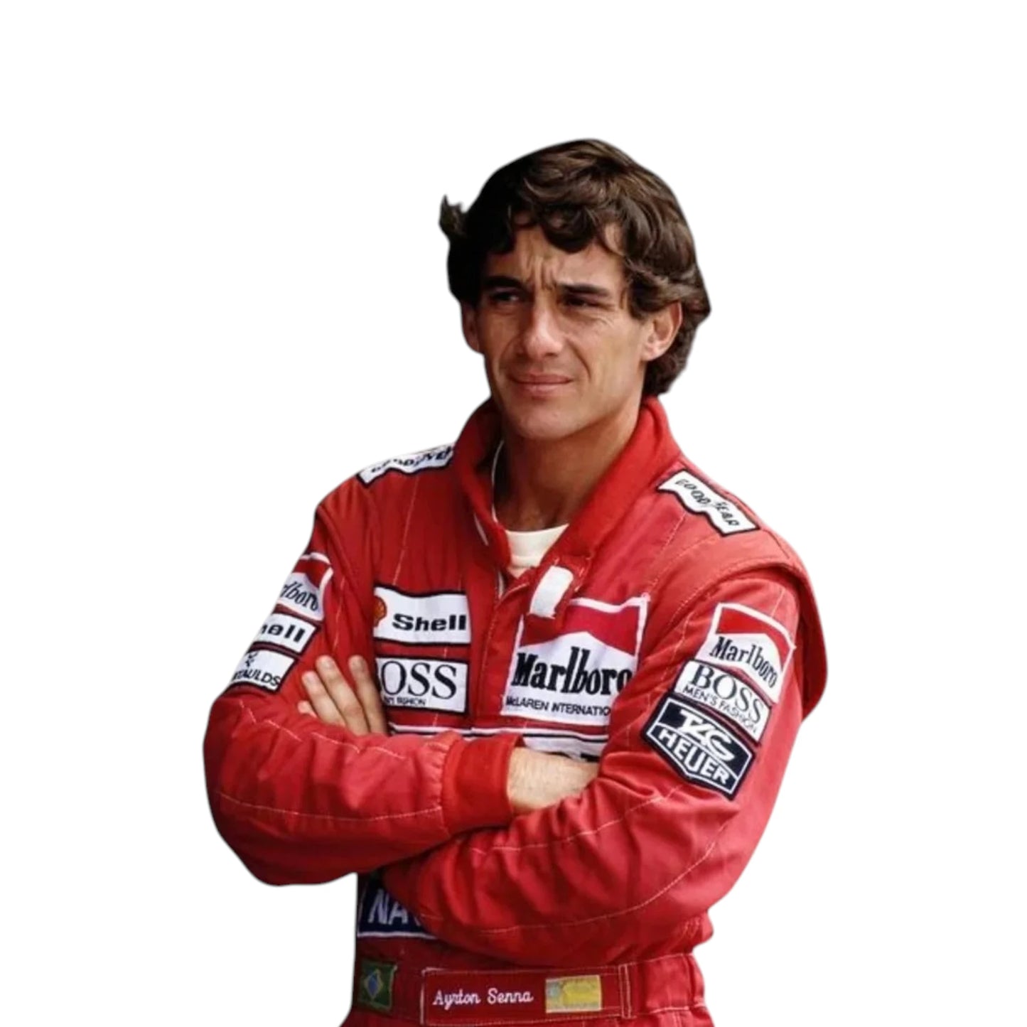 Ayrton Senna 1991 McLaren F1 Racing Suit featuring iconic red Marlboro McLaren racing graphics and authentic sponsor detailing