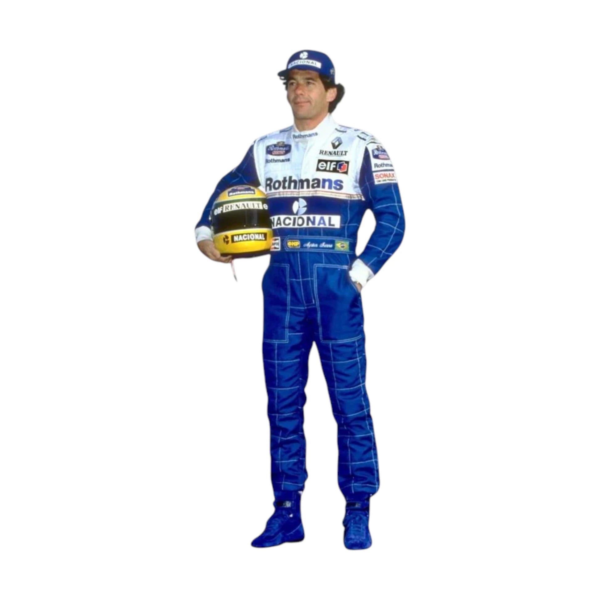 Ayrton Senna 1994 Williams F1 Racing Suit featuring blue and white Williams Rothmans racing graphics with authentic sponsor detailing