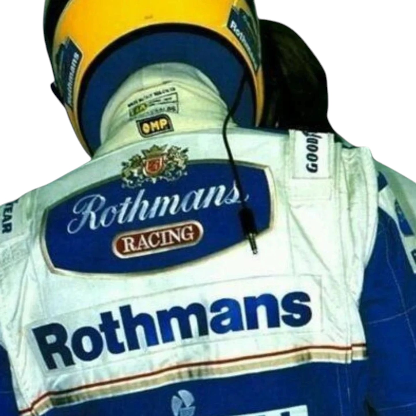 Ayrton Senna 1994 Williams F1 Racing Suit featuring blue and white Williams Rothmans racing graphics with authentic sponsor detailing
