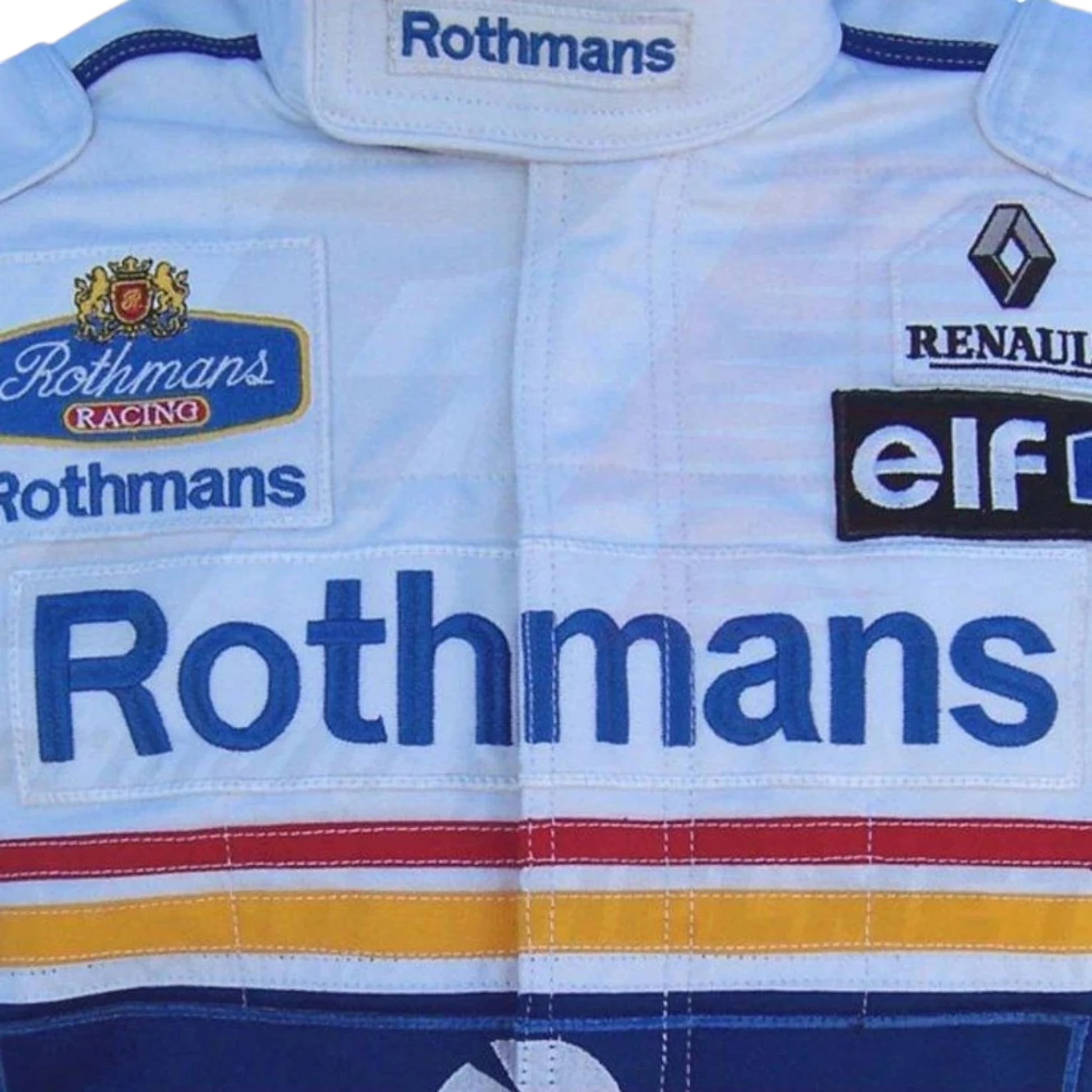 Ayrton Senna 1994 Williams F1 Racing Suit featuring blue and white Williams Rothmans racing graphics with authentic sponsor detailing