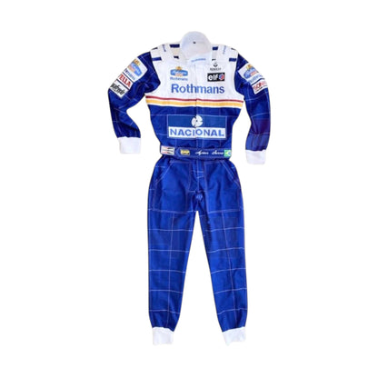 Ayrton Senna 1994 Williams F1 Racing Suit featuring blue and white Williams Rothmans racing graphics with authentic sponsor detailing