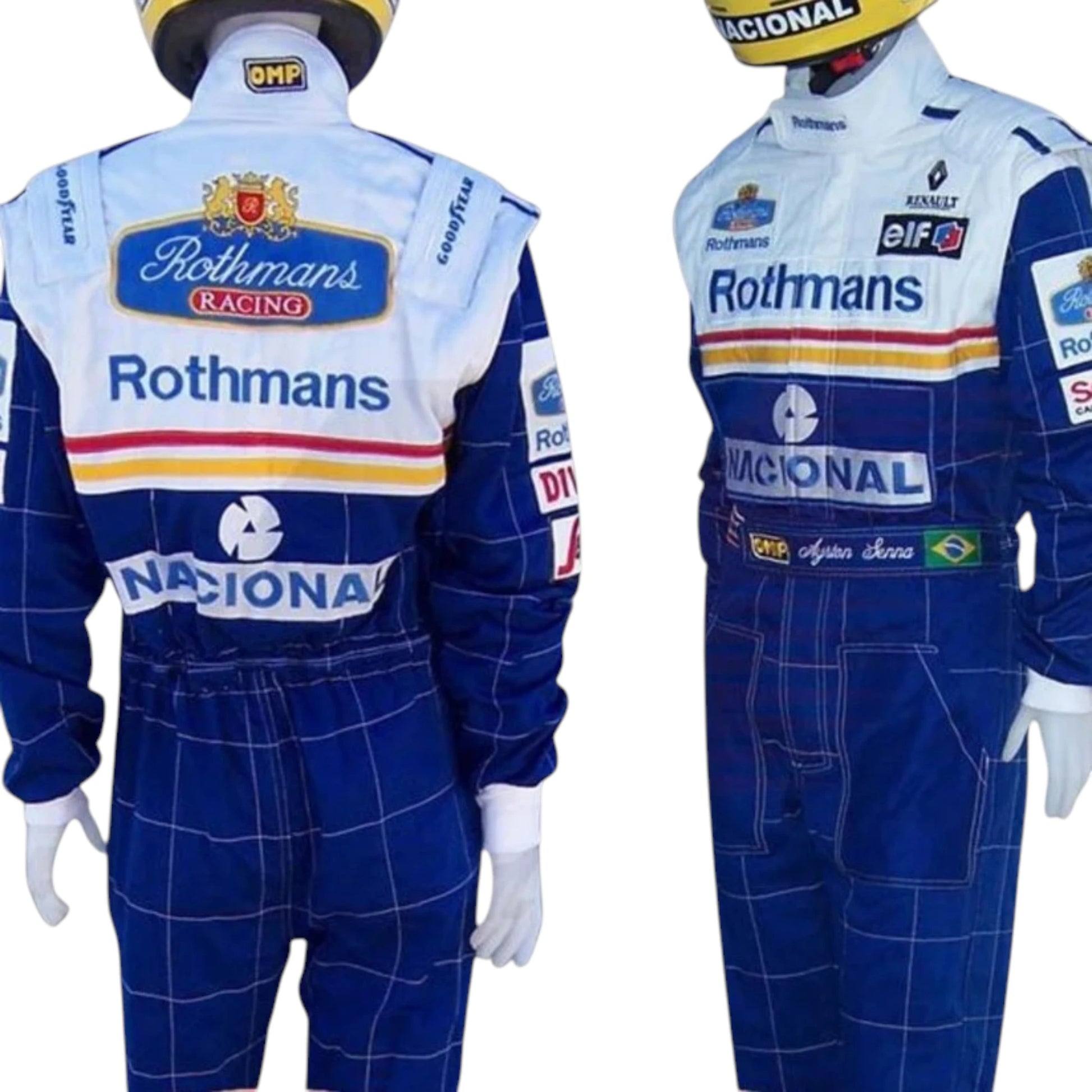 Ayrton Senna 1994 Williams F1 Racing Suit featuring blue and white Williams Rothmans racing graphics with authentic sponsor detailing