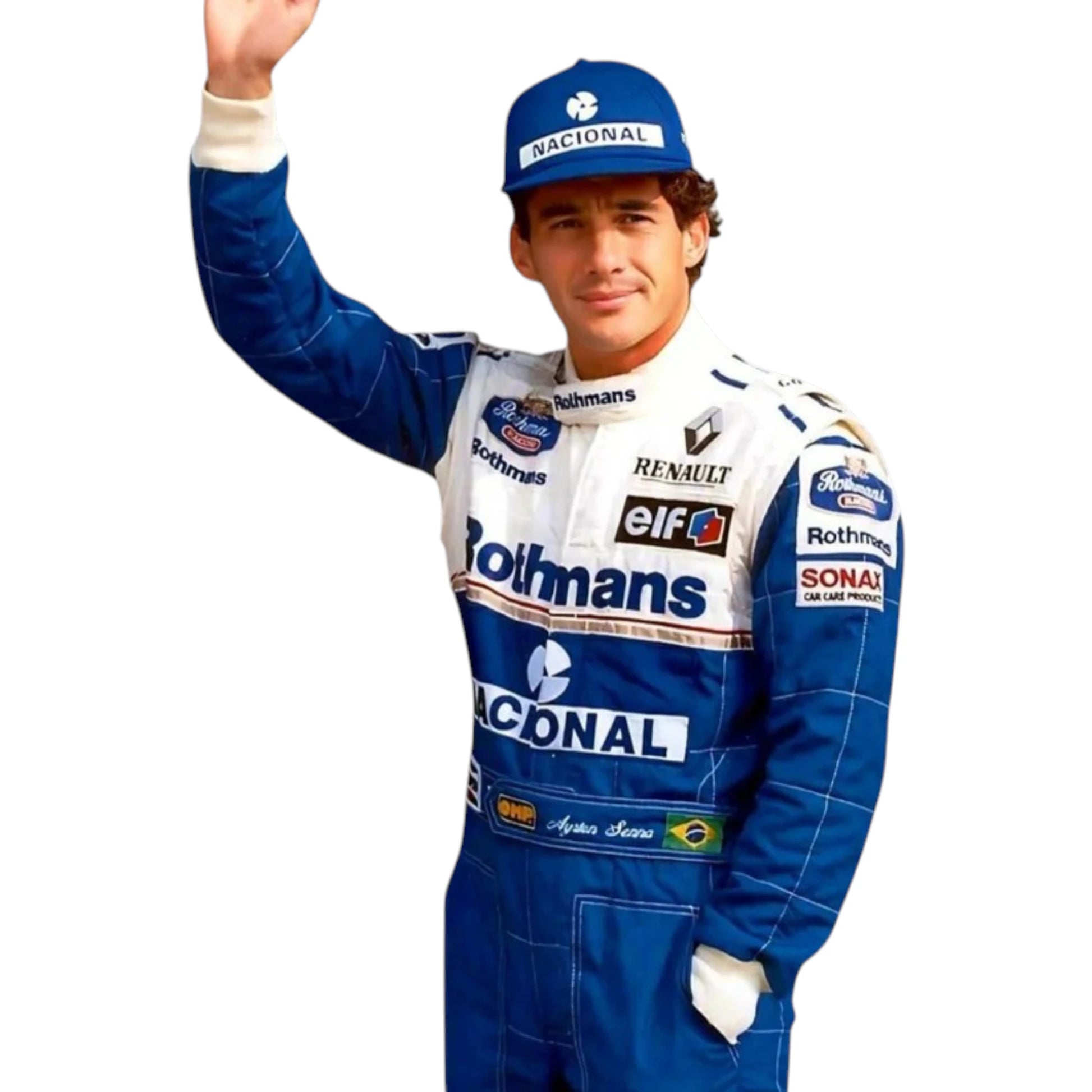 Ayrton Senna 1994 Williams F1 Racing Suit featuring blue and white Williams Rothmans racing graphics with authentic sponsor detailing