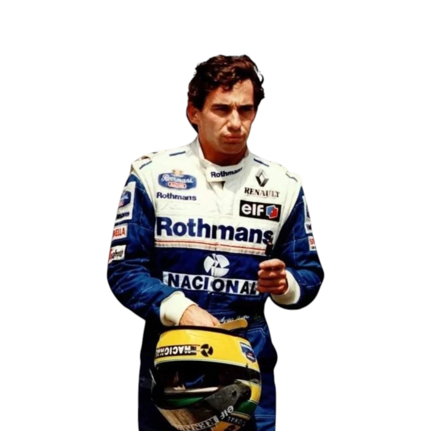 Ayrton Senna 1994 Williams F1 Racing Suit featuring blue and white Williams Rothmans racing graphics with authentic sponsor detailing