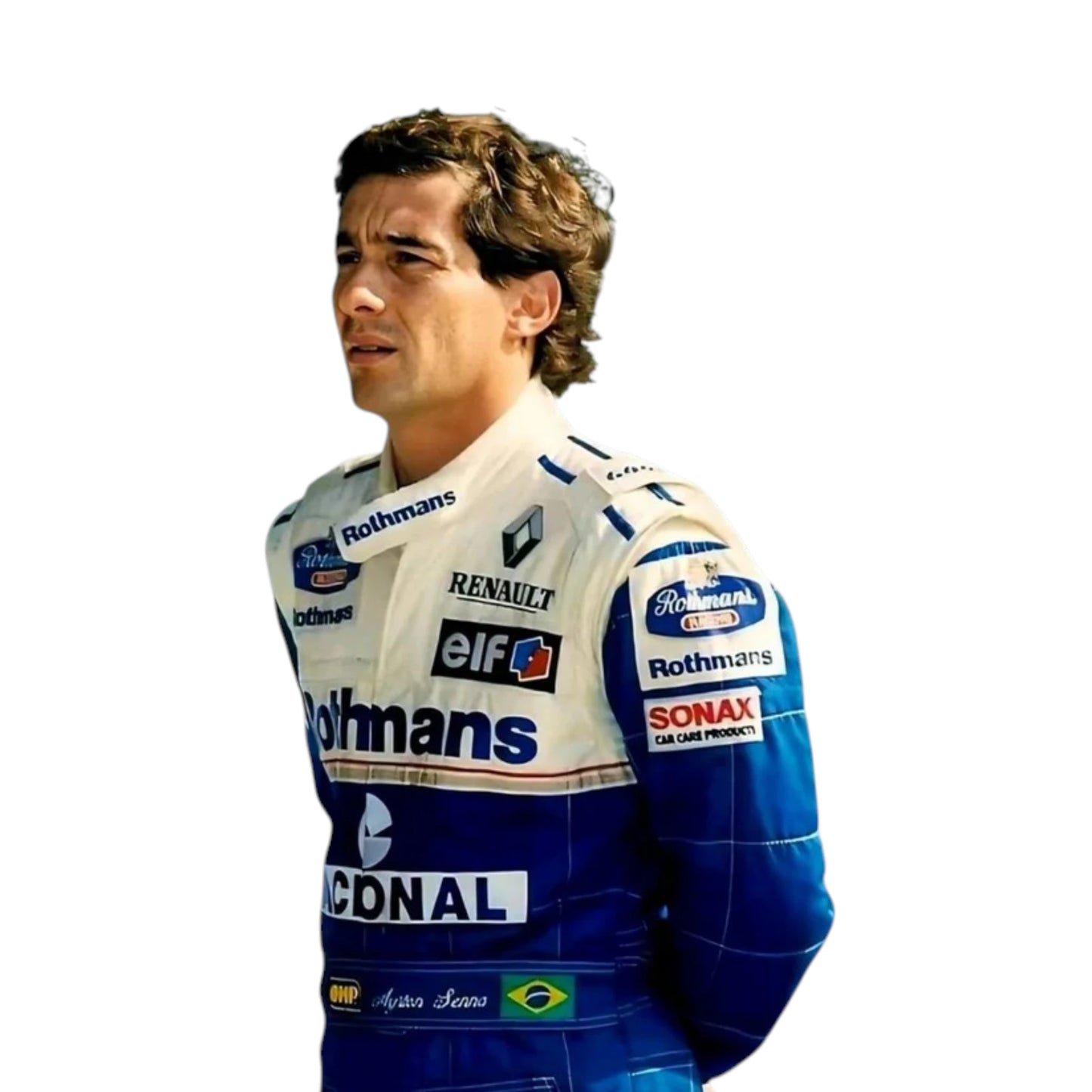 Ayrton Senna 1994 Williams F1 Racing Suit featuring blue and white Williams Rothmans racing graphics with authentic sponsor detailing