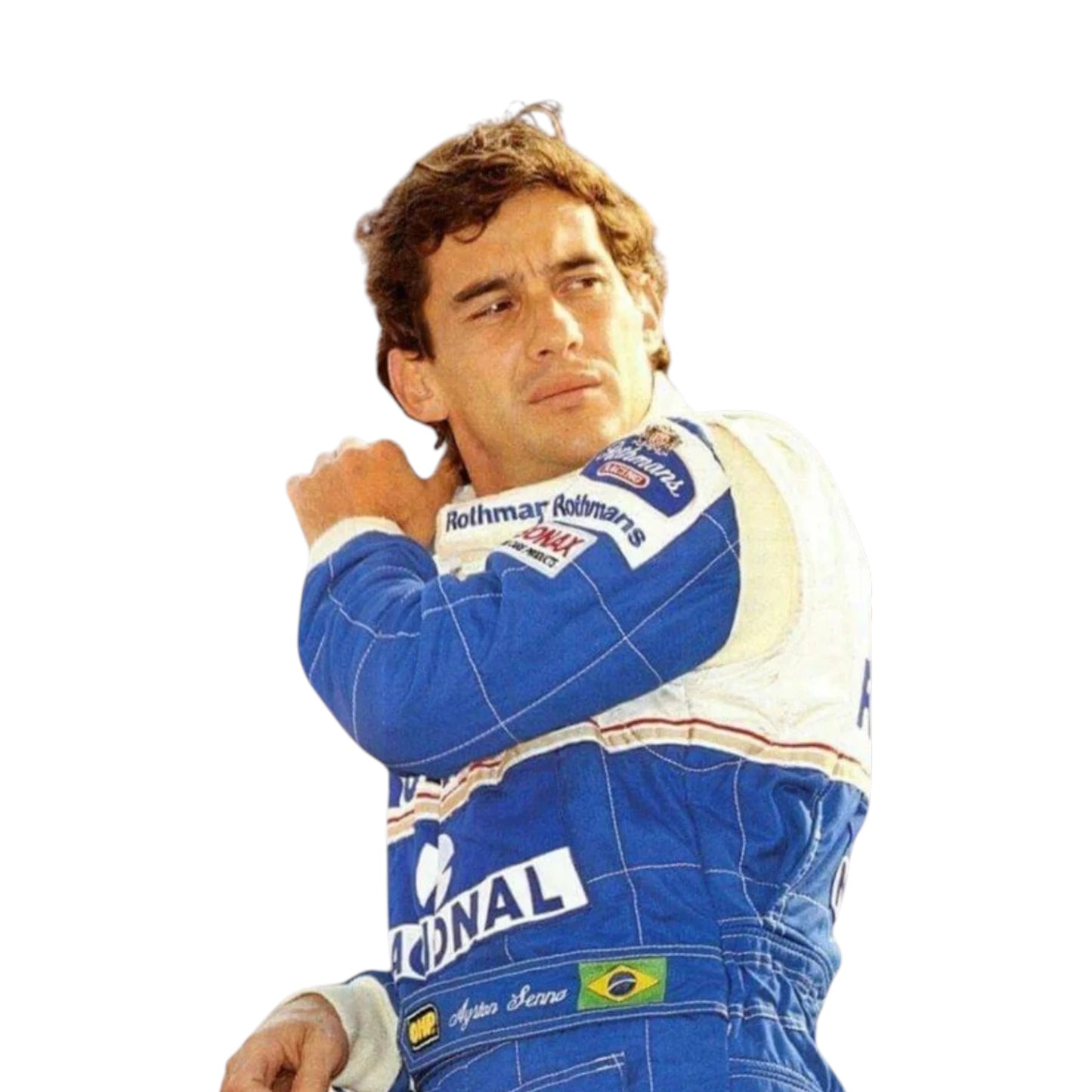 Ayrton Senna 1994 Williams F1 Racing Suit featuring blue and white Williams Rothmans racing graphics with authentic sponsor detailing