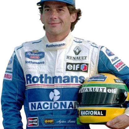 Ayrton Senna 1994 Williams F1 Racing Suit featuring blue and white Williams Rothmans racing graphics with authentic sponsor detailing