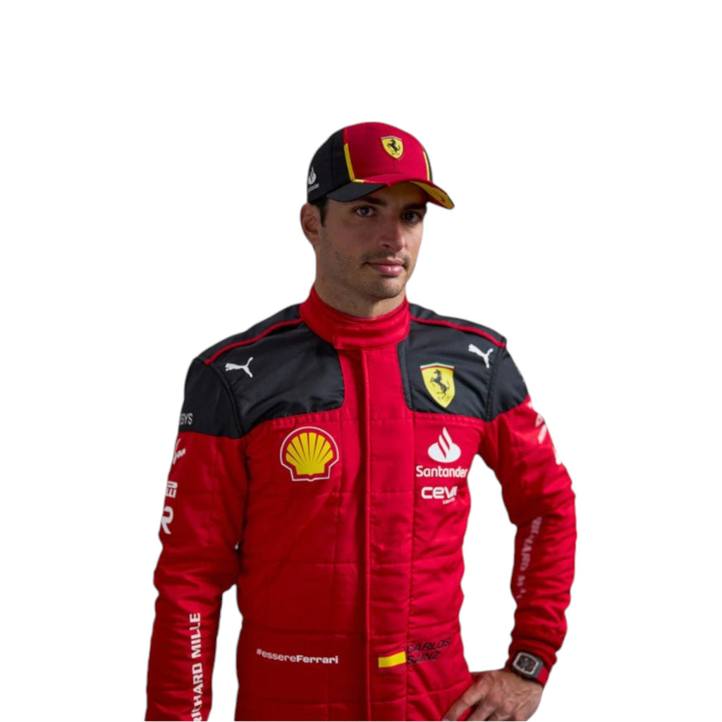 Carlos Sainz 2023 Ferrari F1 race suit in red with sponsor branding