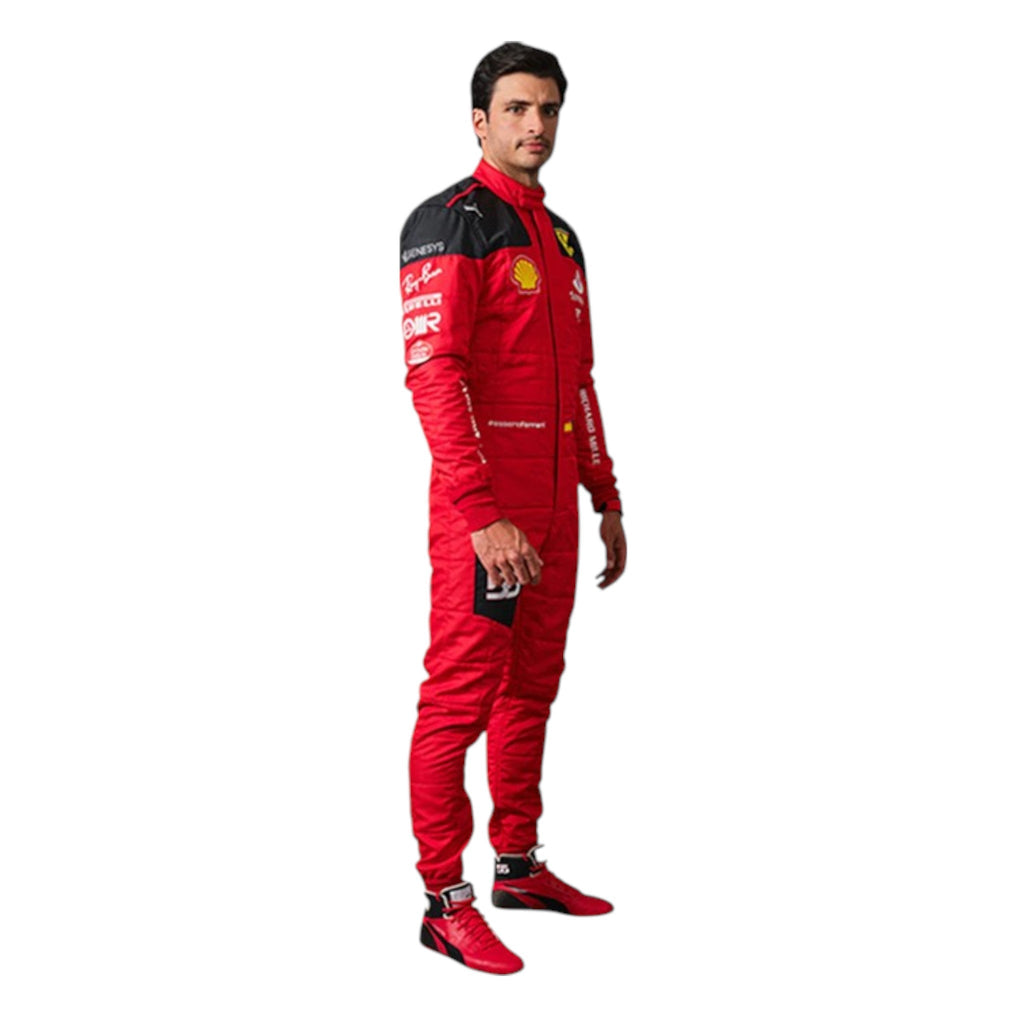 Carlos Sainz 2023 Ferrari F1 race suit in red with sponsor branding