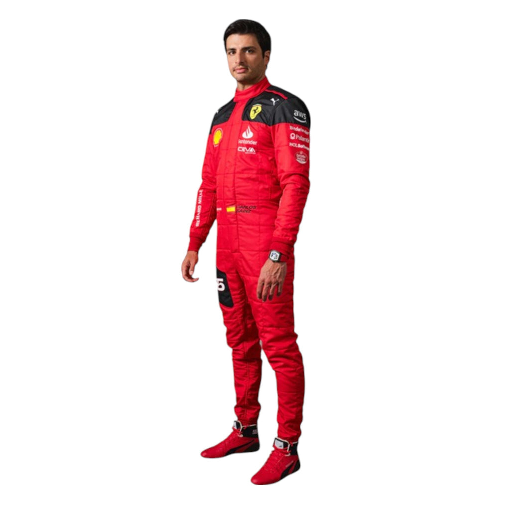 Carlos Sainz 2023 Ferrari F1 race suit in red with sponsor branding