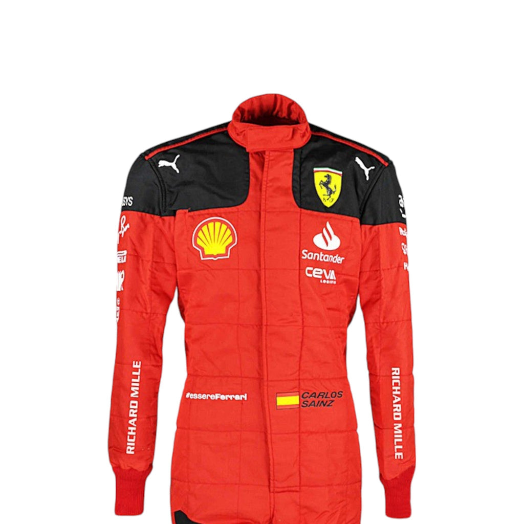 Carlos Sainz 2023 Ferrari F1 race suit in red with sponsor branding