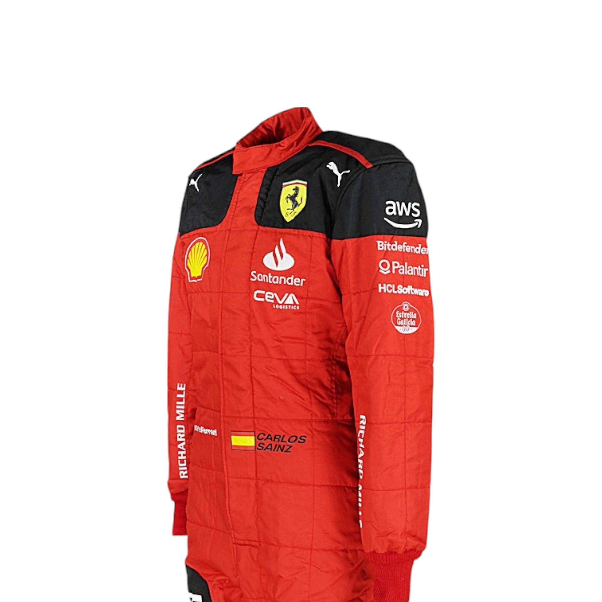 Carlos Sainz 2023 Ferrari F1 race suit in red with sponsor branding