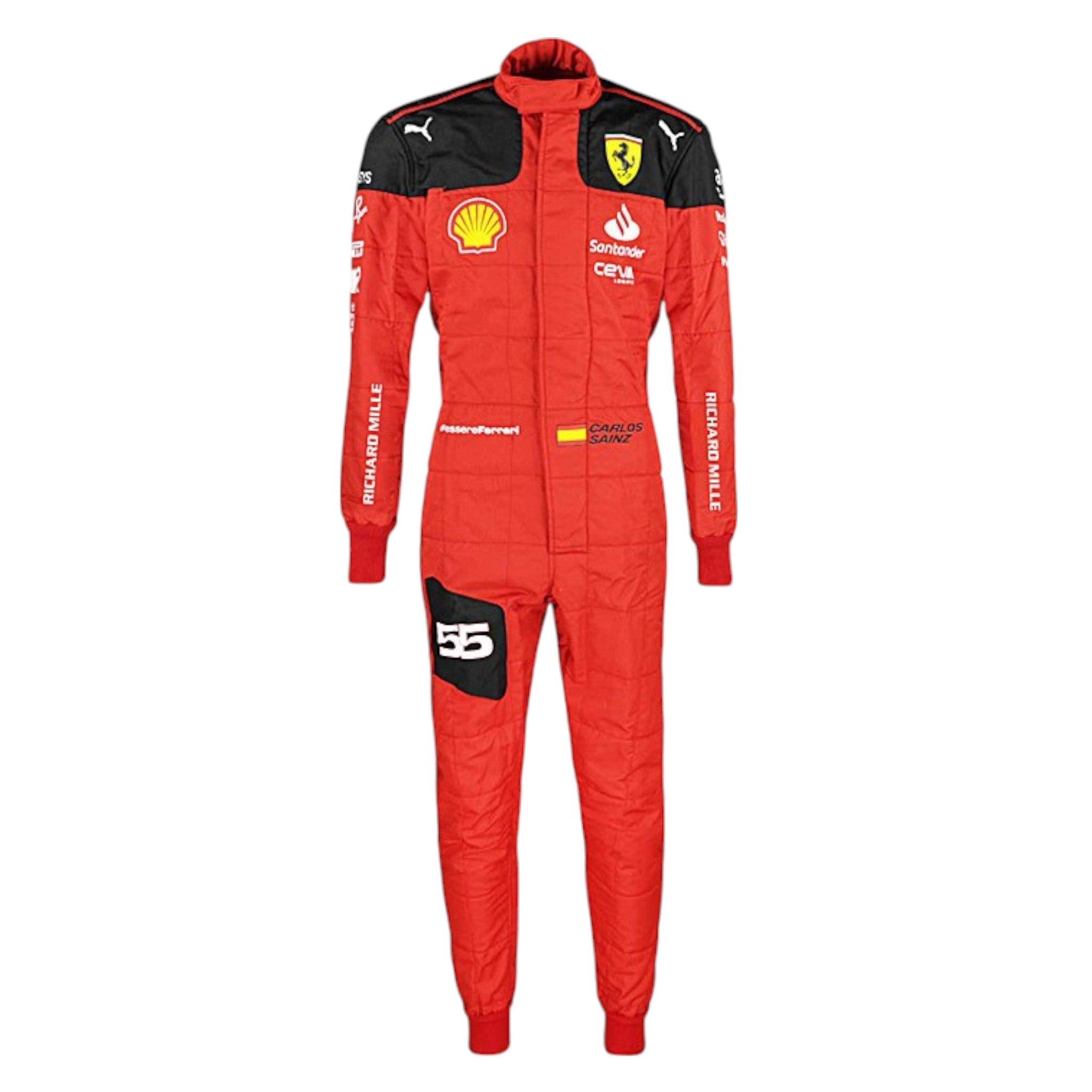 Carlos Sainz 2023 Ferrari F1 race suit in red with sponsor branding