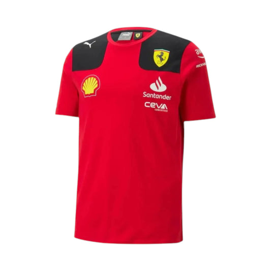 Carlos Sainz 2023 Ferrari F1 Racing Driver T-Shirt in red featuring iconic Ferrari team graphics, sponsor logos, and premium crew neck design