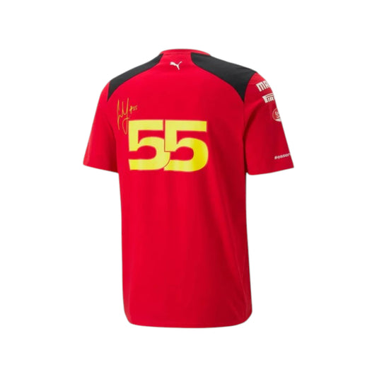 Carlos Sainz 2023 Ferrari F1 Driver Racing T-Shirt in red featuring iconic Ferrari team graphics, sponsor logos, and premium crew neck design
