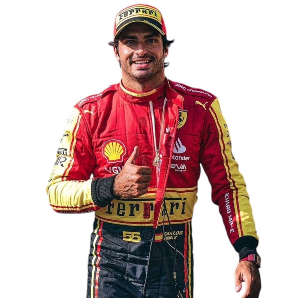Carlos Sainz 2023 Ferrari Monza GP F1 race suit with special Italian Grand Prix detailing and sponsor branding