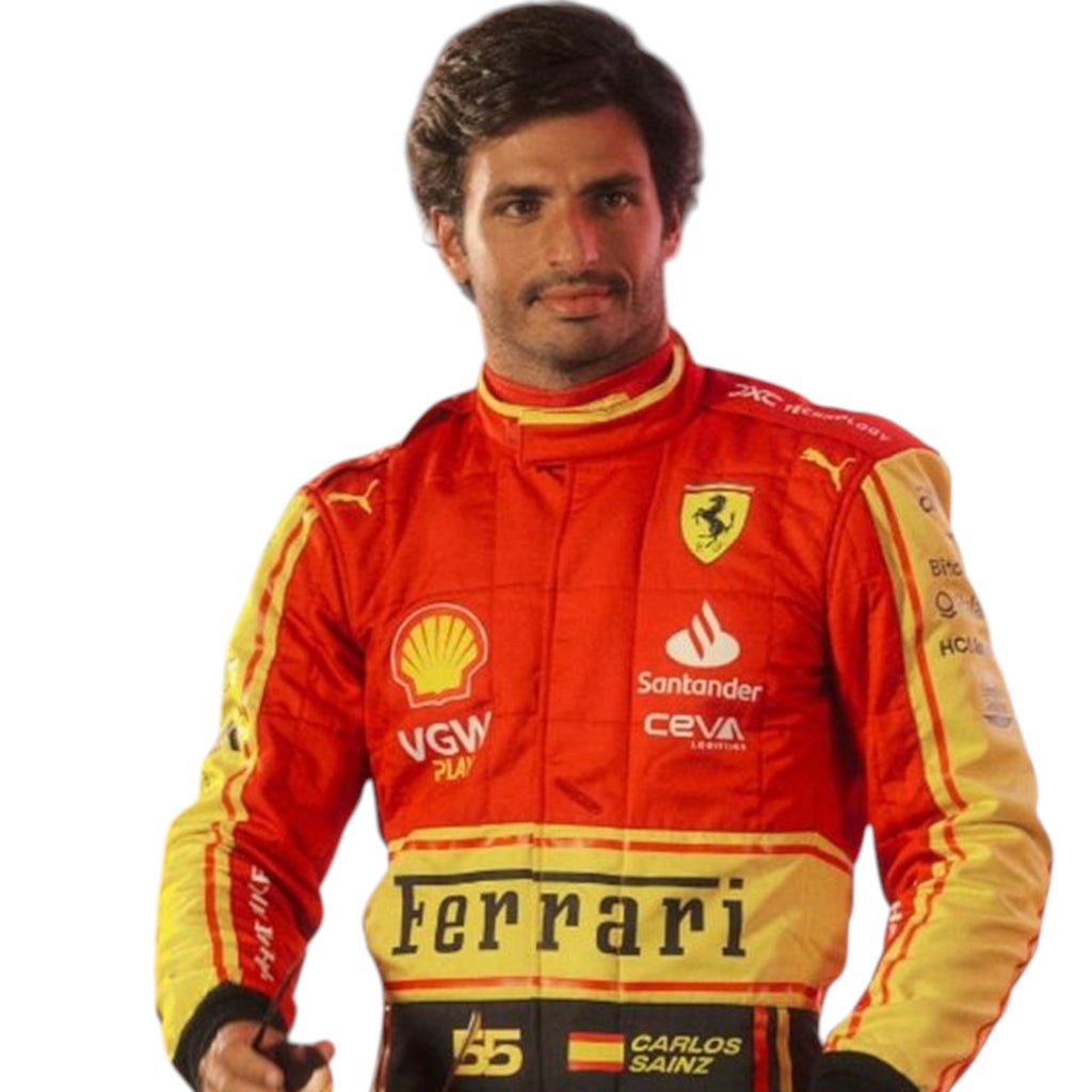 Carlos Sainz 2023 Ferrari Monza GP F1 race suit with special Italian Grand Prix detailing and sponsor branding