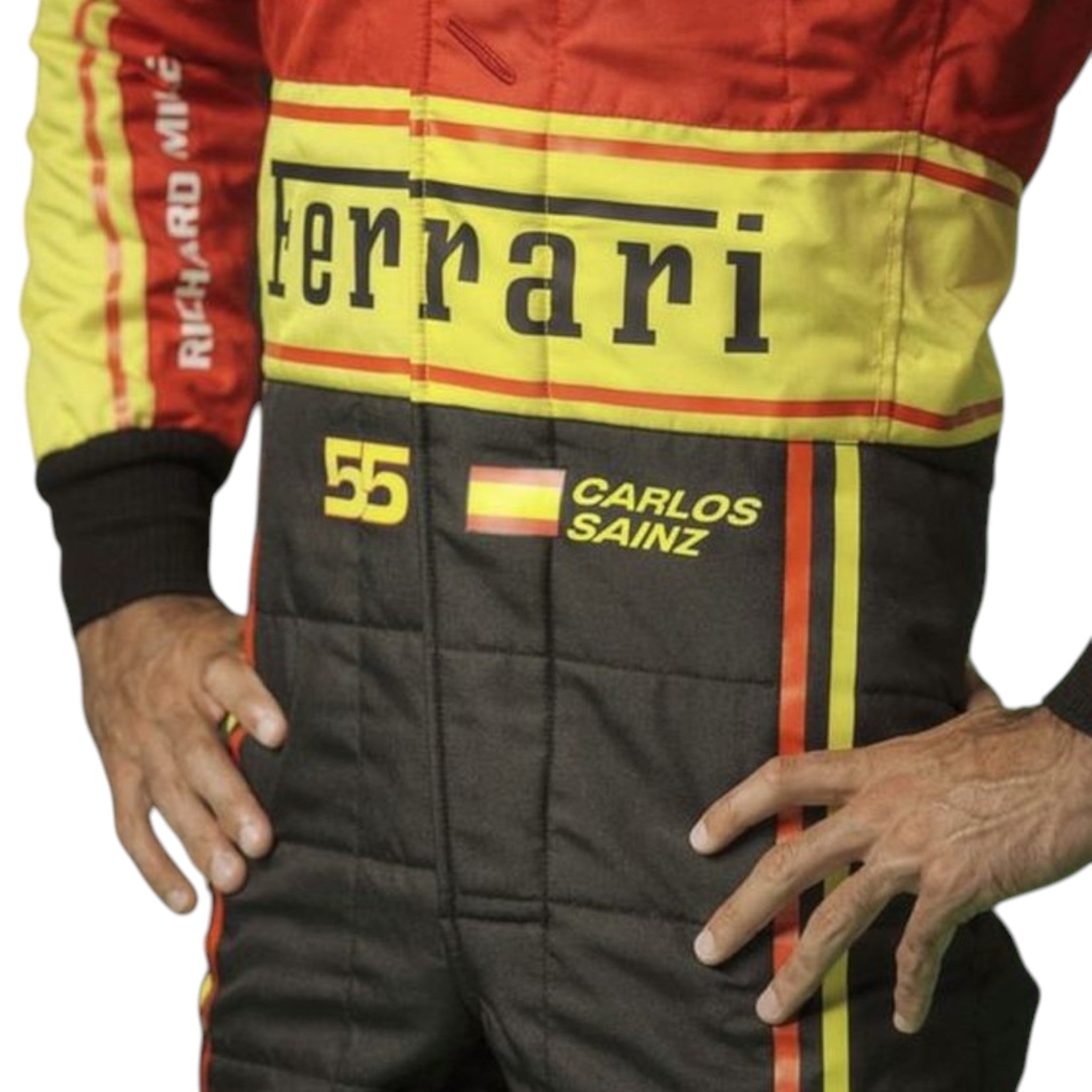 Carlos Sainz 2023 Ferrari Monza GP F1 race suit with special Italian Grand Prix detailing and sponsor branding