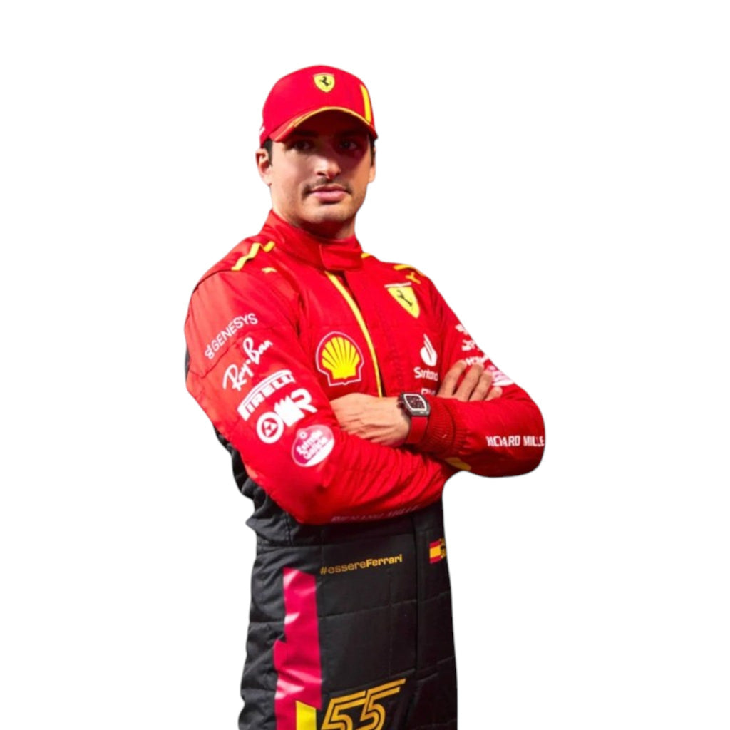 Carlos Sainz 2023 Ferrari Spain GP F1 race suit in red with sponsor branding