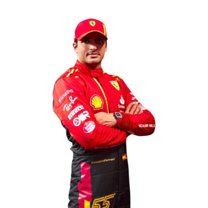 Carlos Sainz 2023 Ferrari Spain GP F1 race suit in red with sponsor branding
