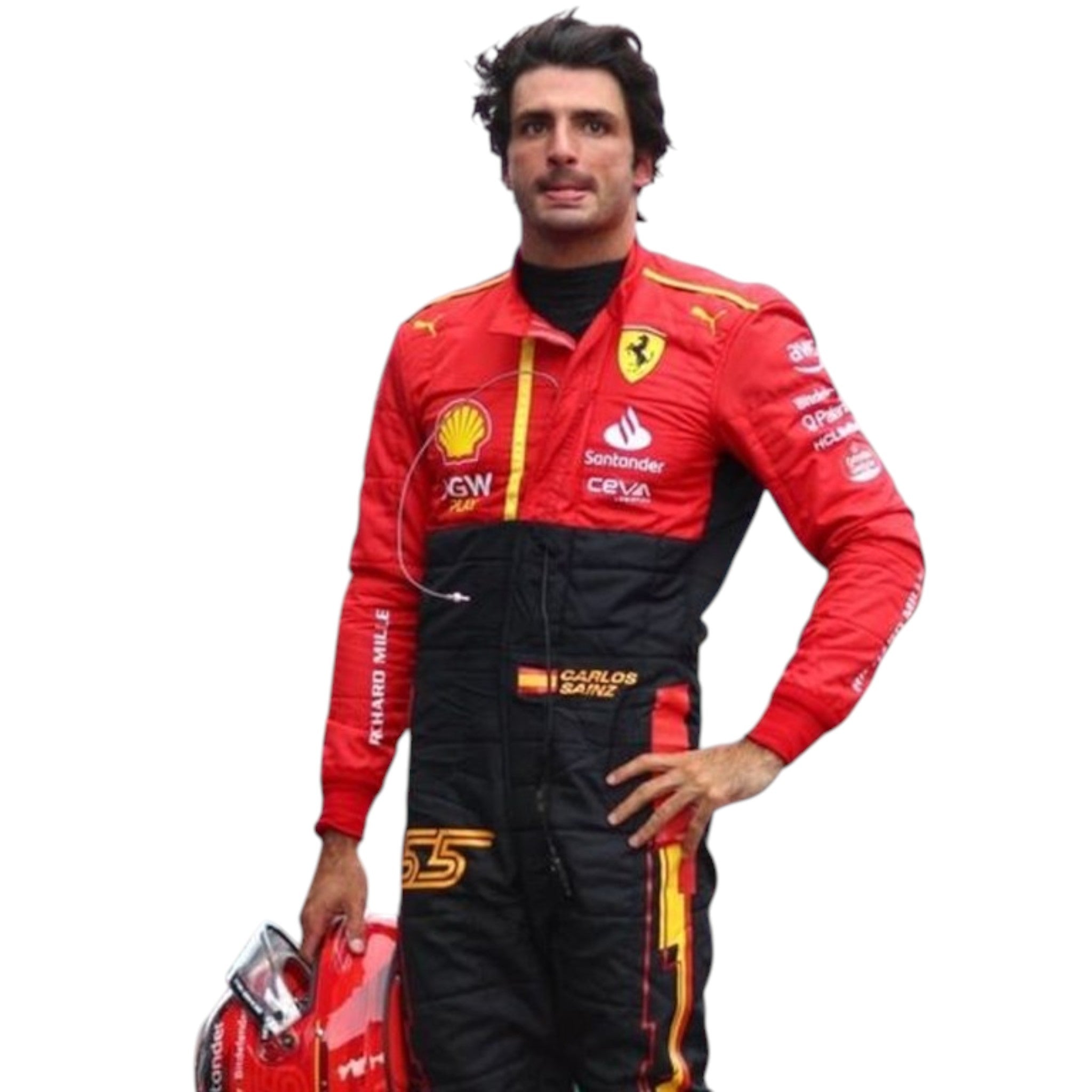 Carlos Sainz 2023 Ferrari Spain GP F1 race suit in red with sponsor branding