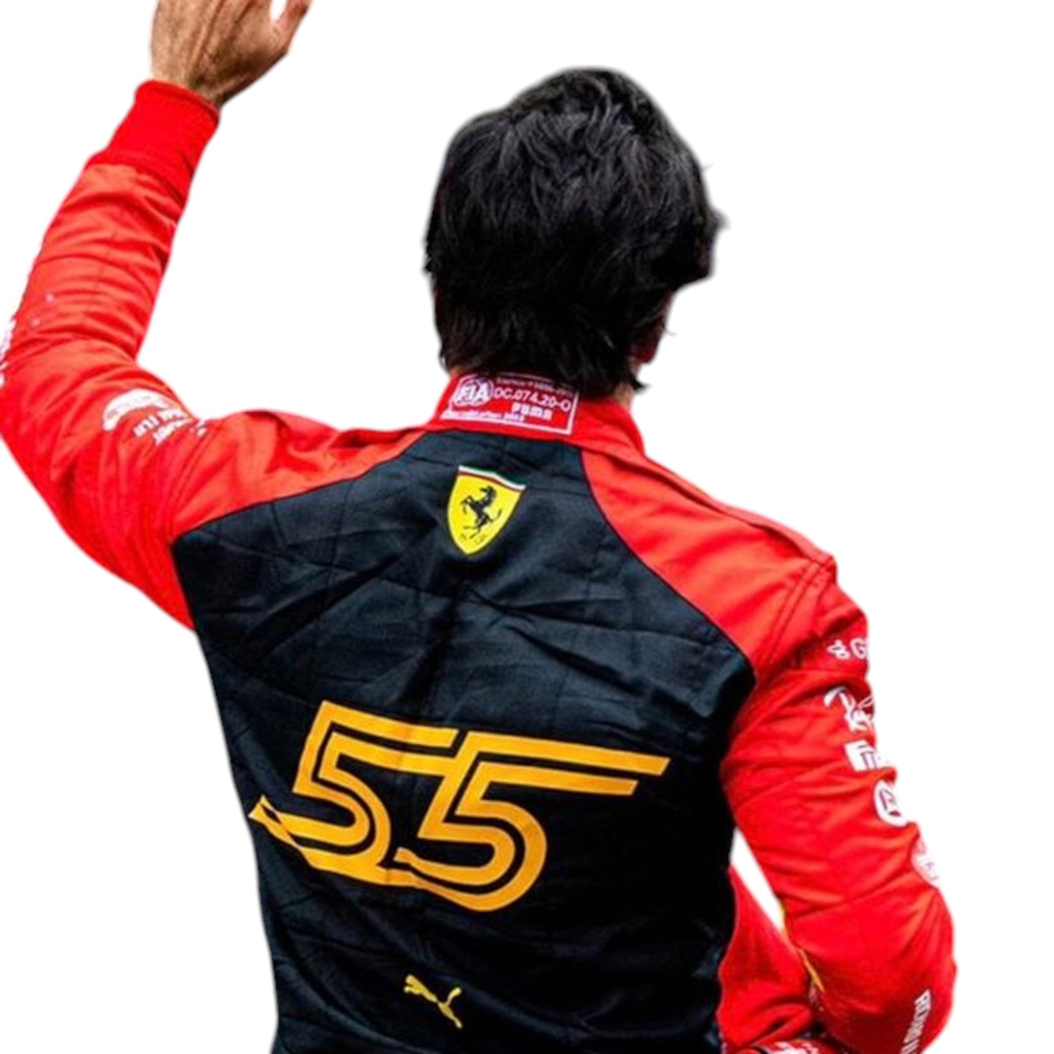 Carlos Sainz 2023 Ferrari Spain GP F1 race suit in red with sponsor branding