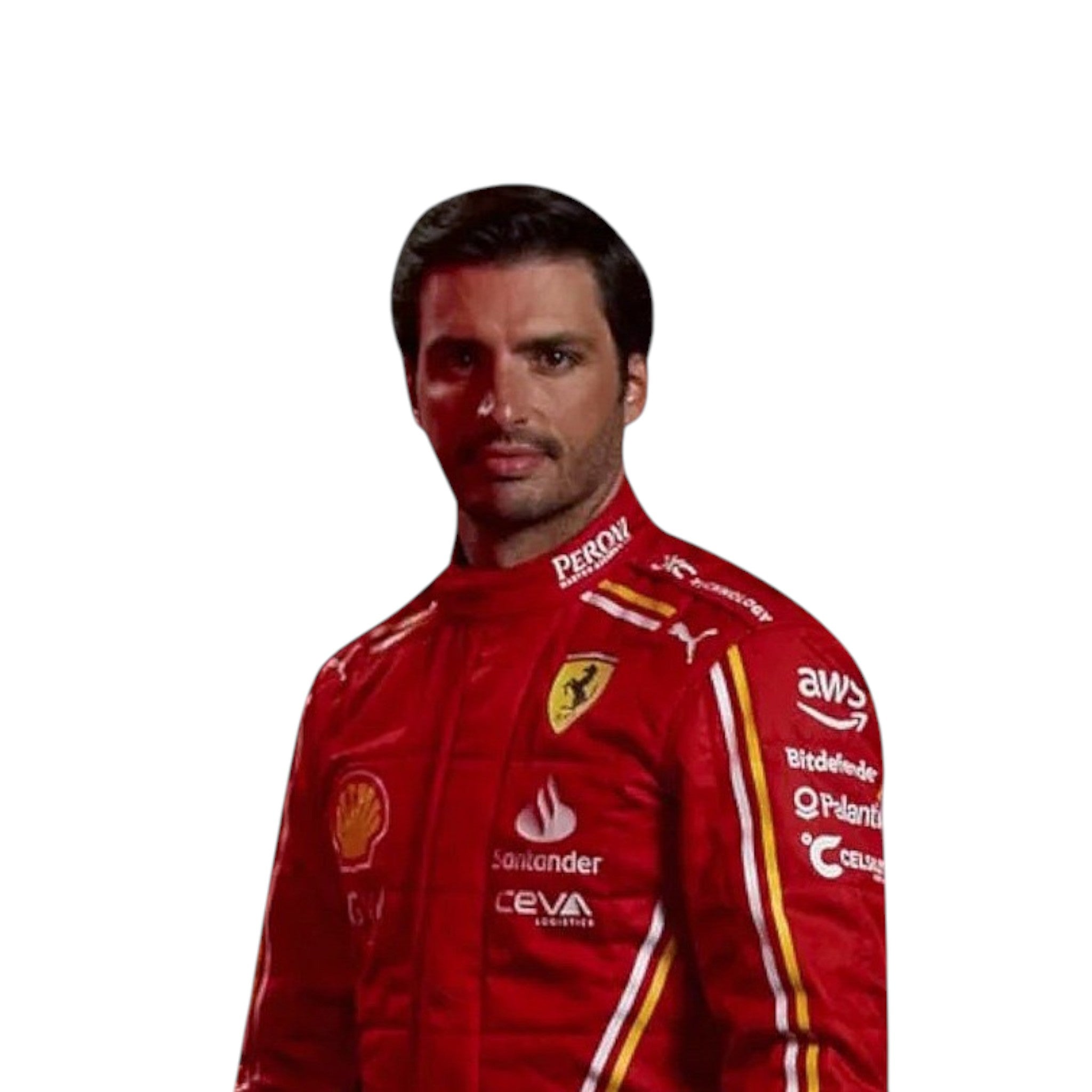 Carlos Sainz 2024 Ferrari F1 race suit in signature red with sponsor branding