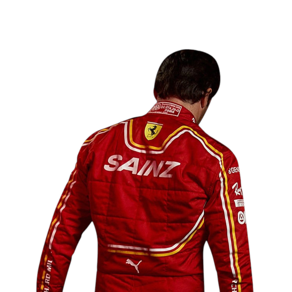Carlos Sainz 2024 Ferrari F1 race suit in signature red with sponsor branding