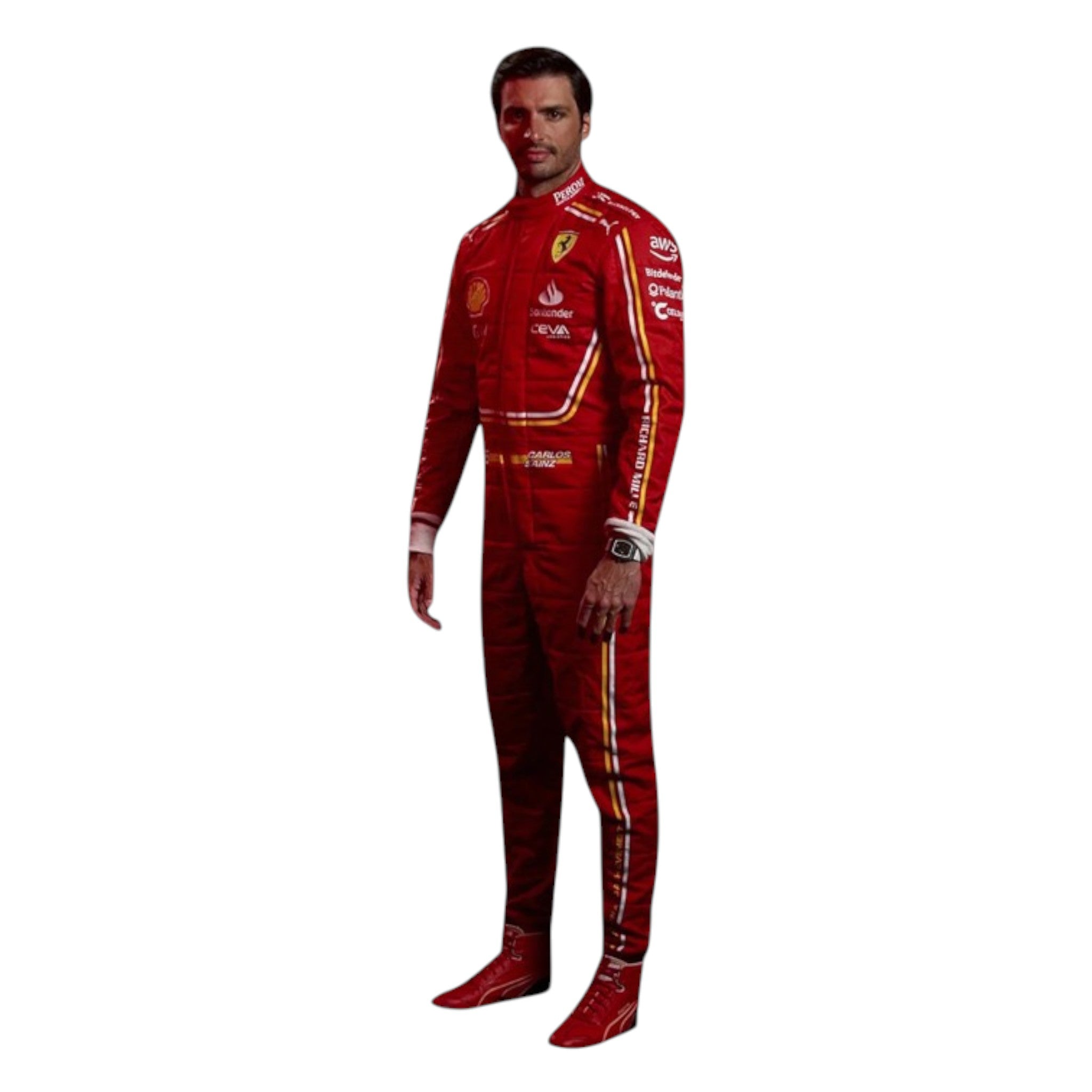 Carlos Sainz 2024 Ferrari F1 race suit in signature red with sponsor branding