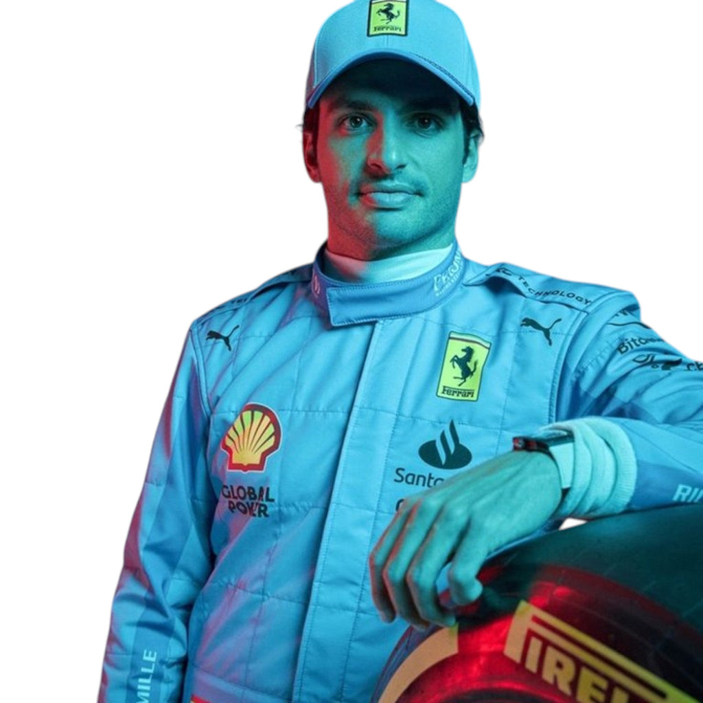 Carlos Sainz 2024 Ferrari Miami GP F1 race suit in light blue with sponsor branding and event specific detailing