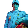 Carlos Sainz 2024 Ferrari Miami GP F1 race suit in light blue with sponsor branding and event specific detailing