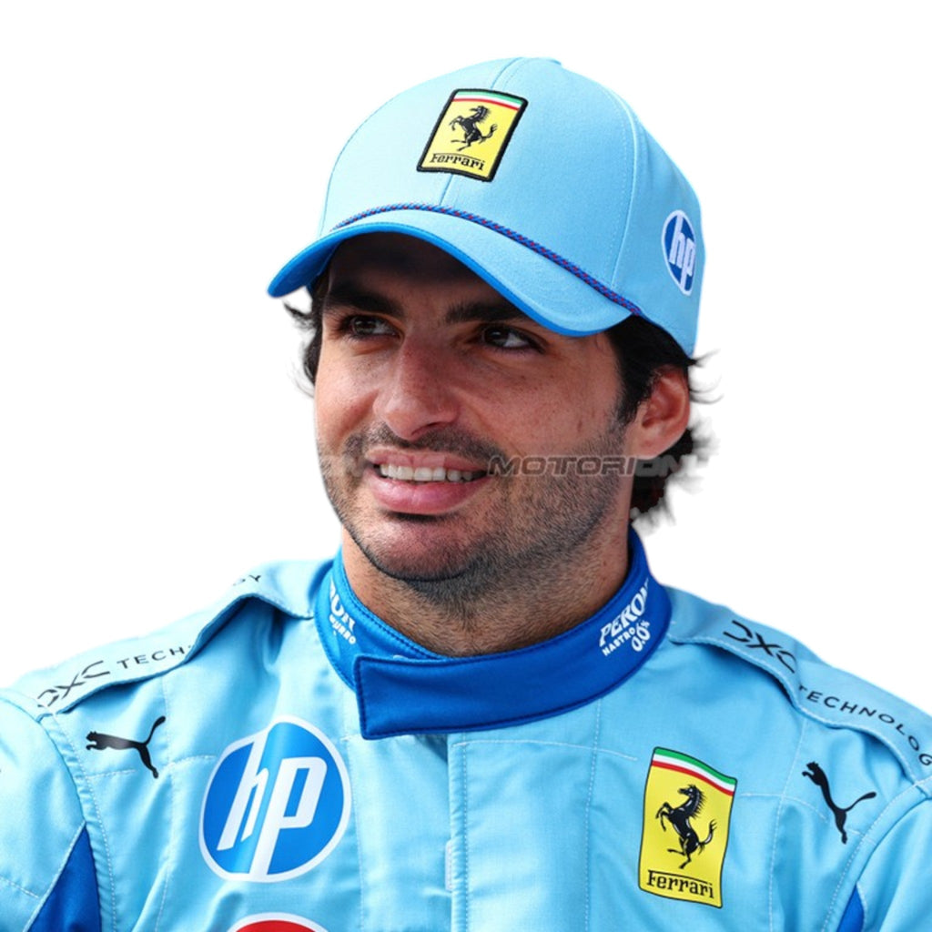 Carlos Sainz 2024 Ferrari Miami GP F1 race suit in light blue with sponsor branding and event specific detailing