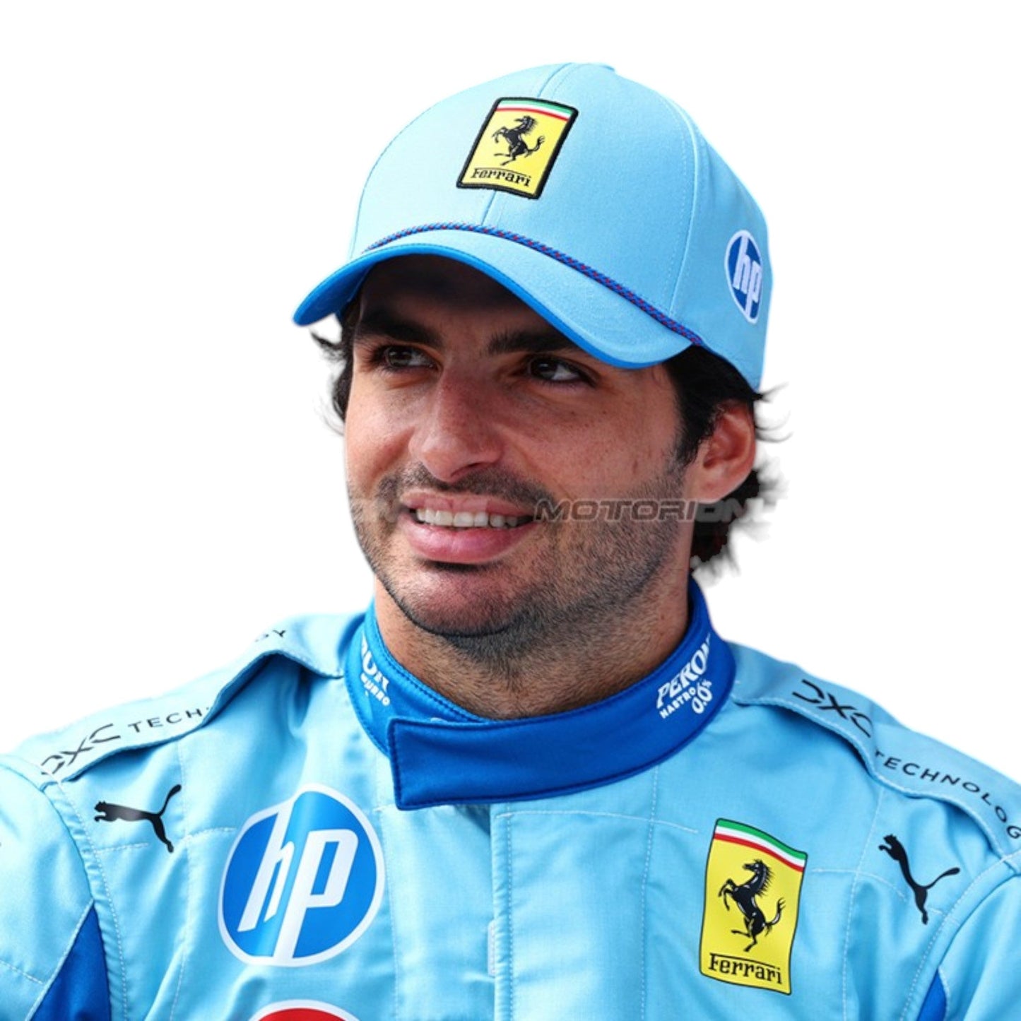 Carlos Sainz 2024 Ferrari Miami GP F1 race suit in light blue with sponsor branding and event specific detailing