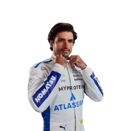 Carlos Sainz 2025 Williams F1 race suit in blue and white with sponsor branding