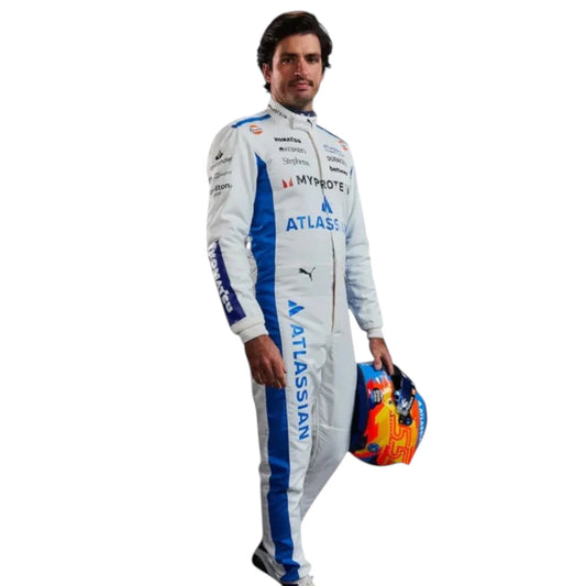 Carlos Sainz 2025 Williams F1 race suit in blue and white with sponsor branding