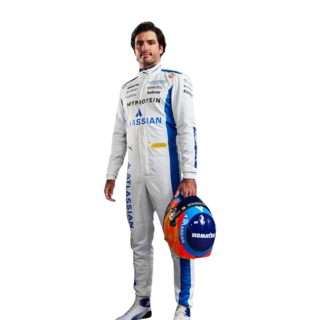Carlos Sainz 2025 Williams F1 race suit in blue and white with sponsor branding