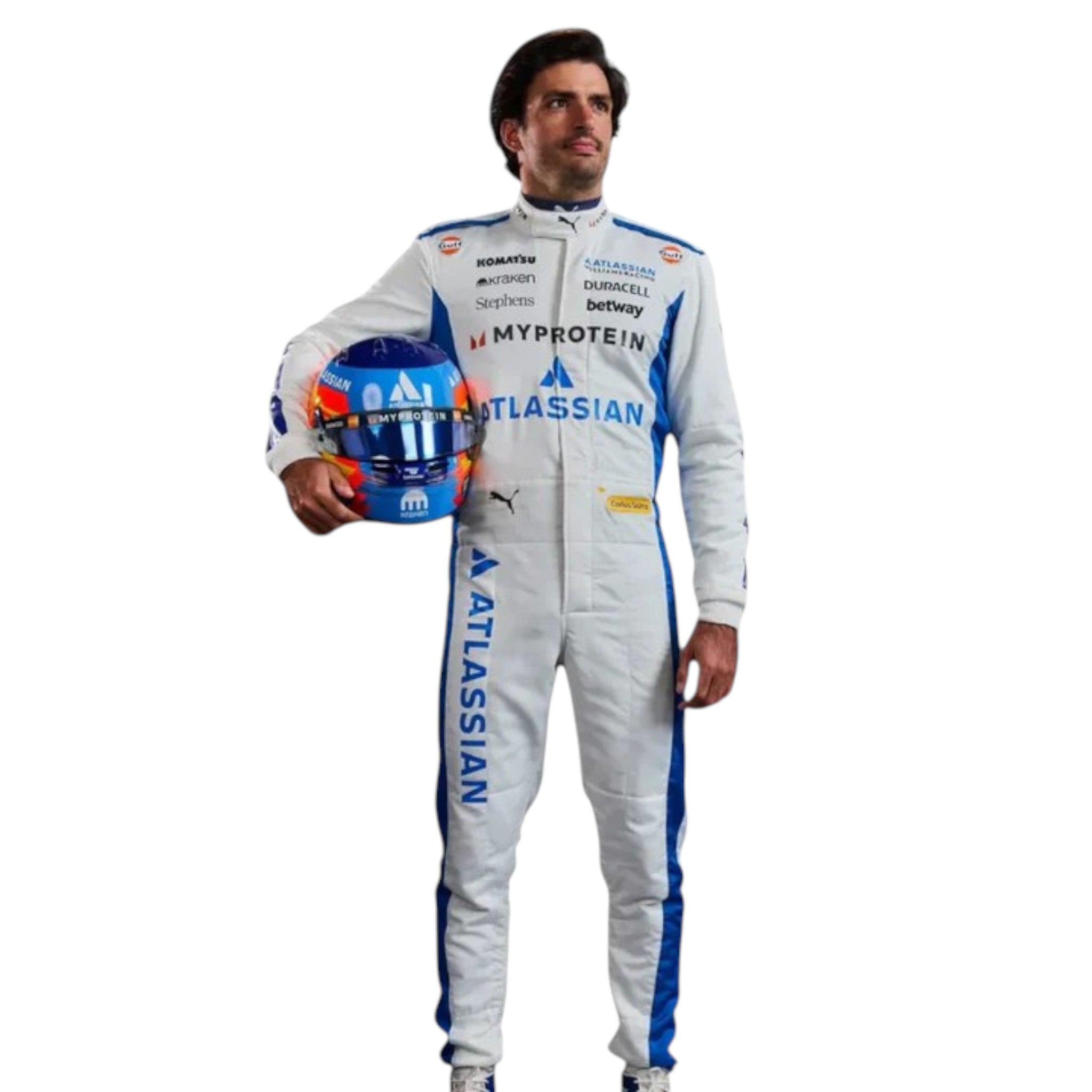 Carlos Sainz 2025 Williams F1 race suit in blue and white with sponsor branding