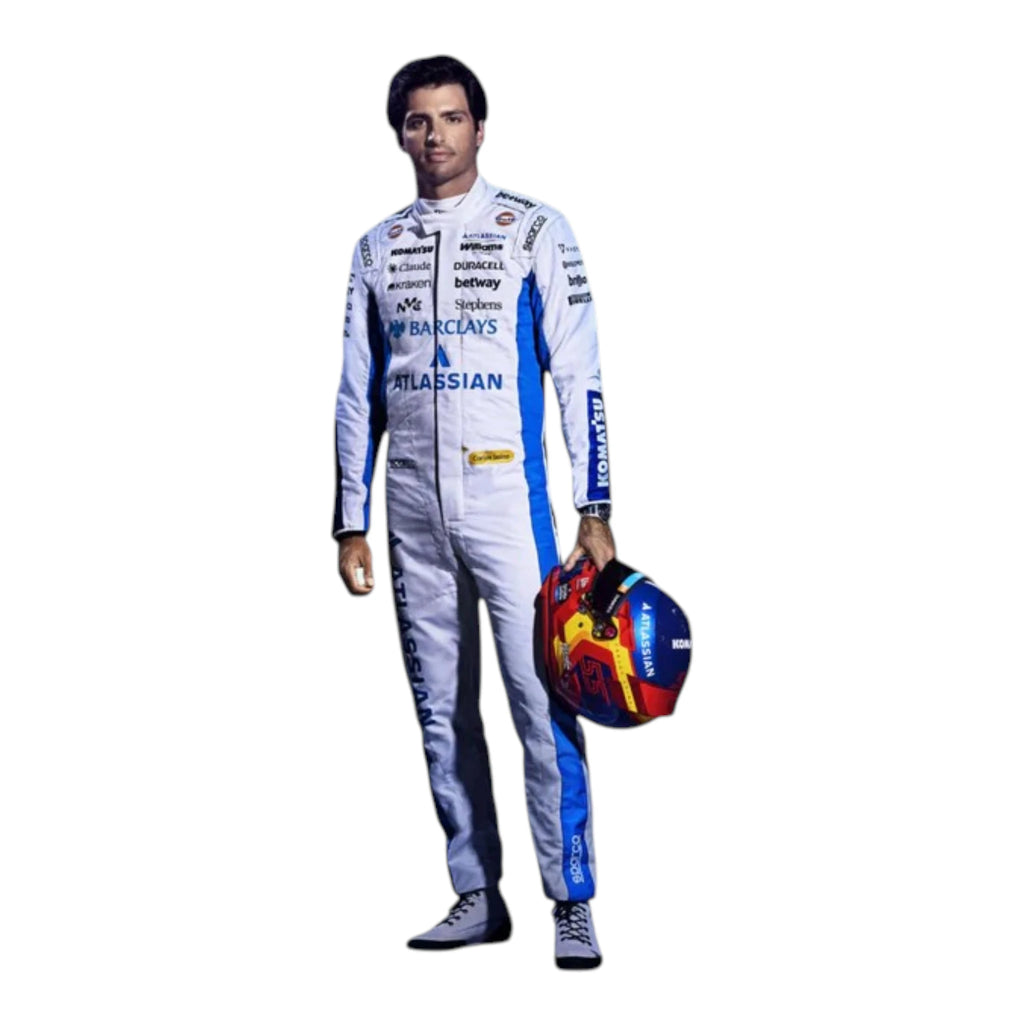Carlos Sainz 2026 Williams F1 race suit in white and blue with sponsor logos
