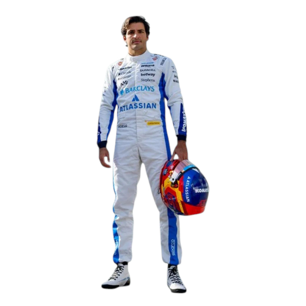 Carlos Sainz 2026 Williams F1 race suit in white and blue with sponsor logos