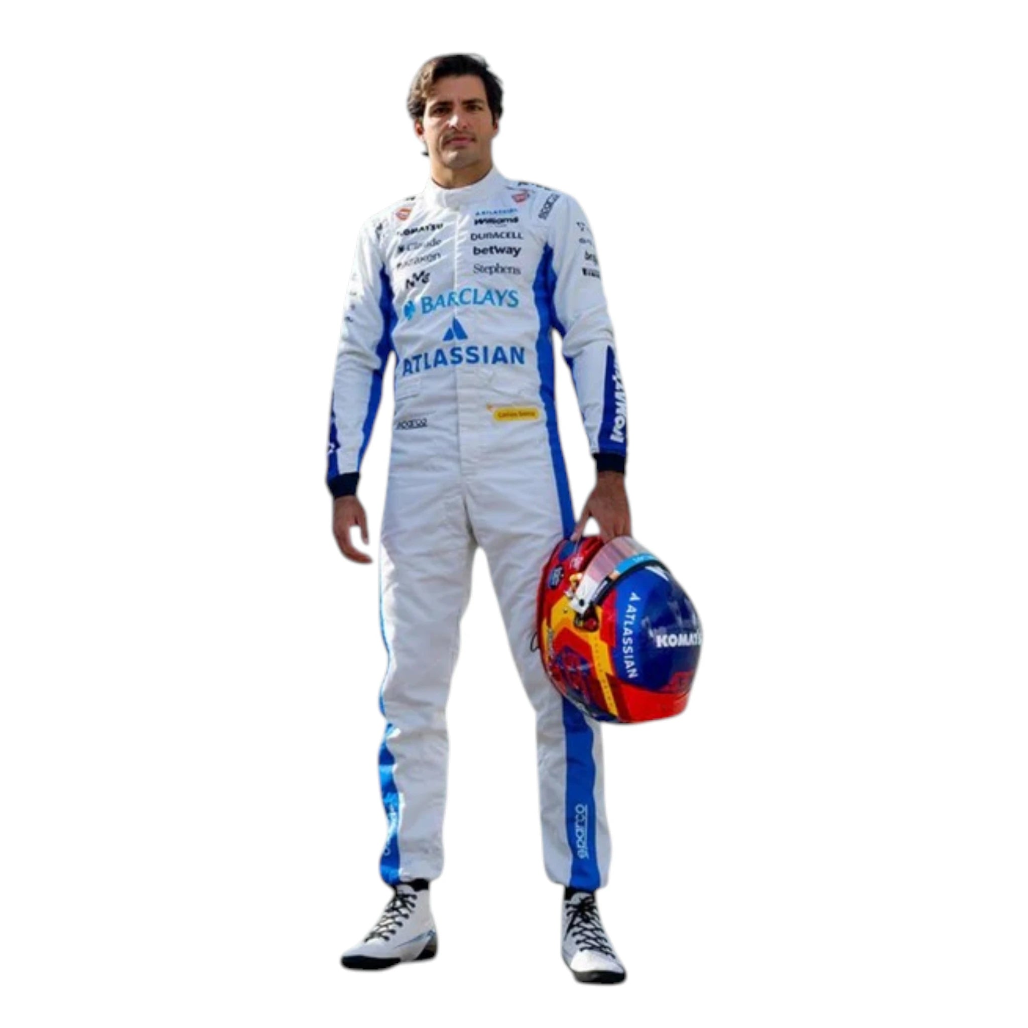 Carlos Sainz 2026 Williams F1 race suit in white and blue with sponsor logos