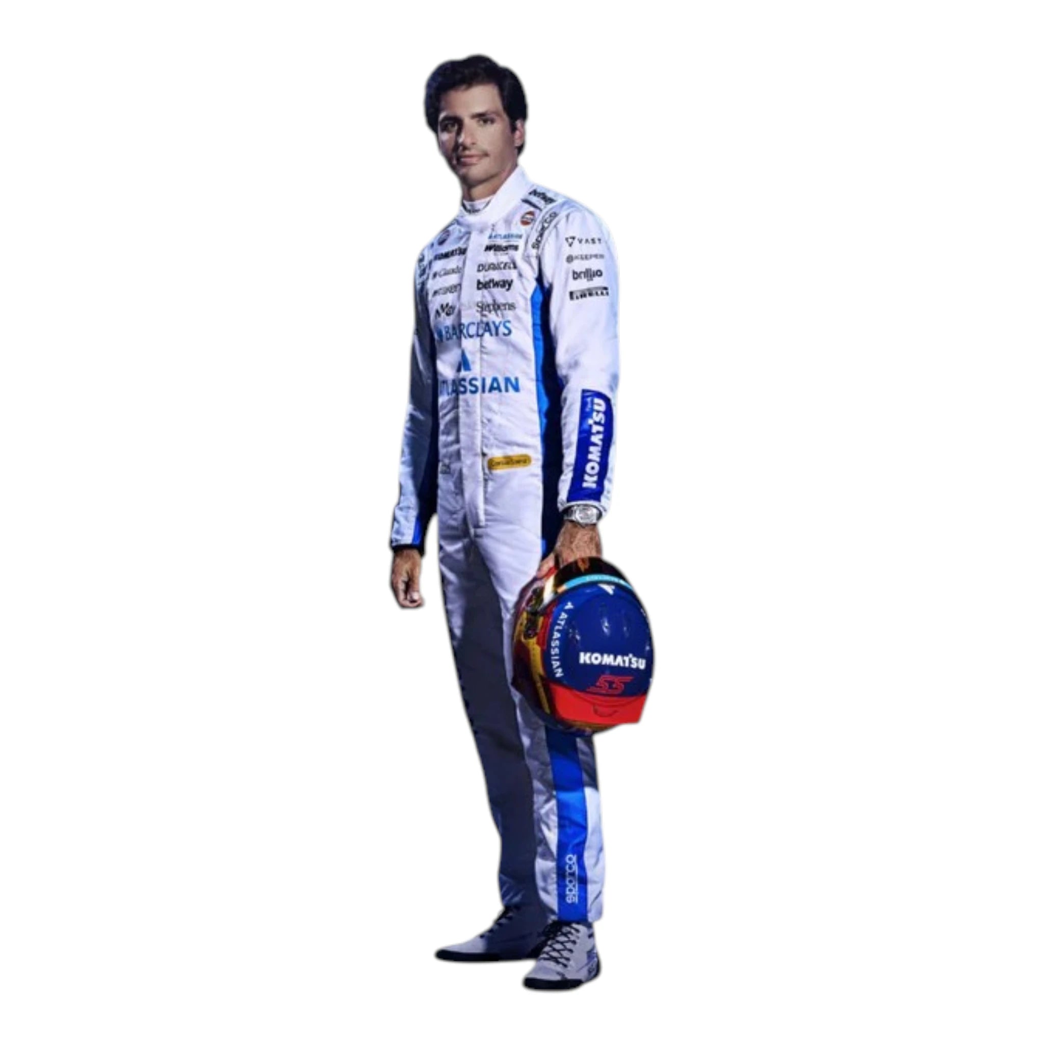 Carlos Sainz 2026 Williams F1 race suit in white and blue with sponsor logos