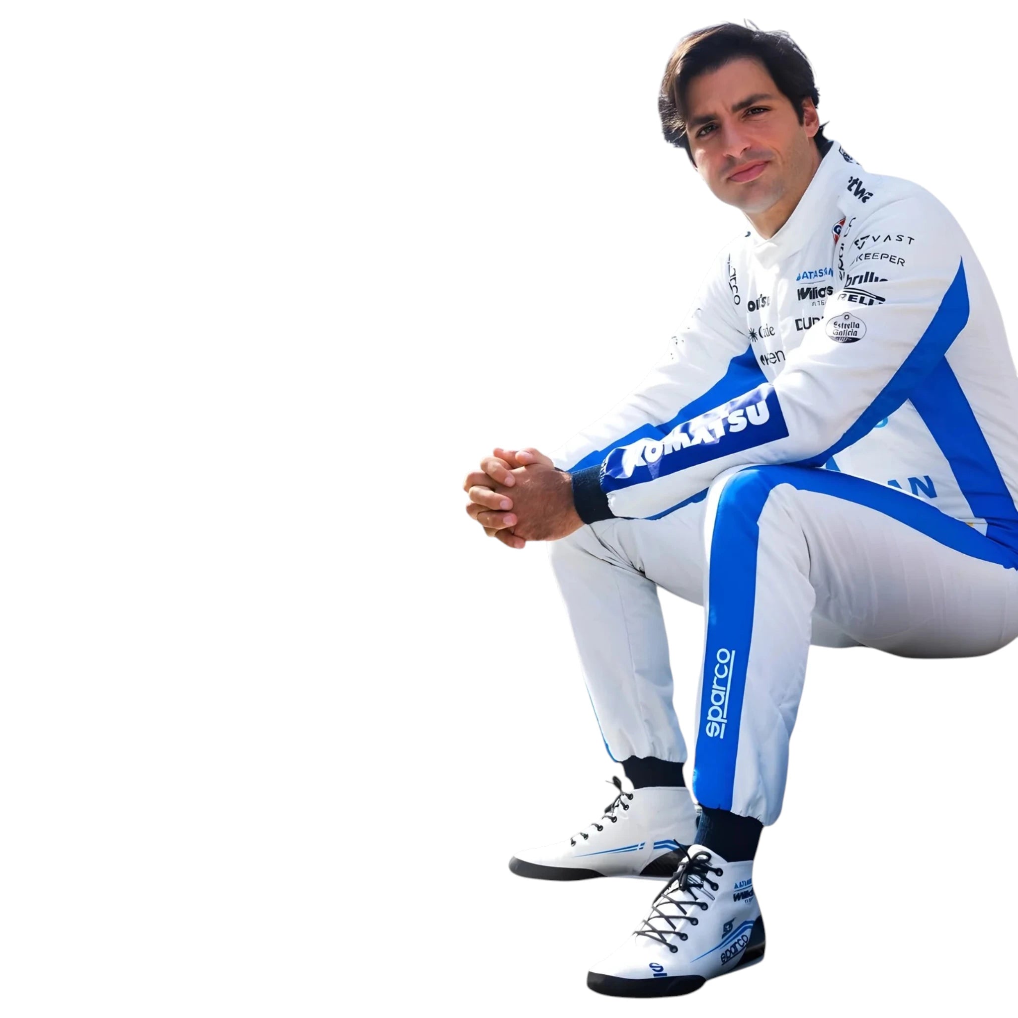 Carlos Sainz 2026 Williams F1 race suit in white and blue with sponsor logos