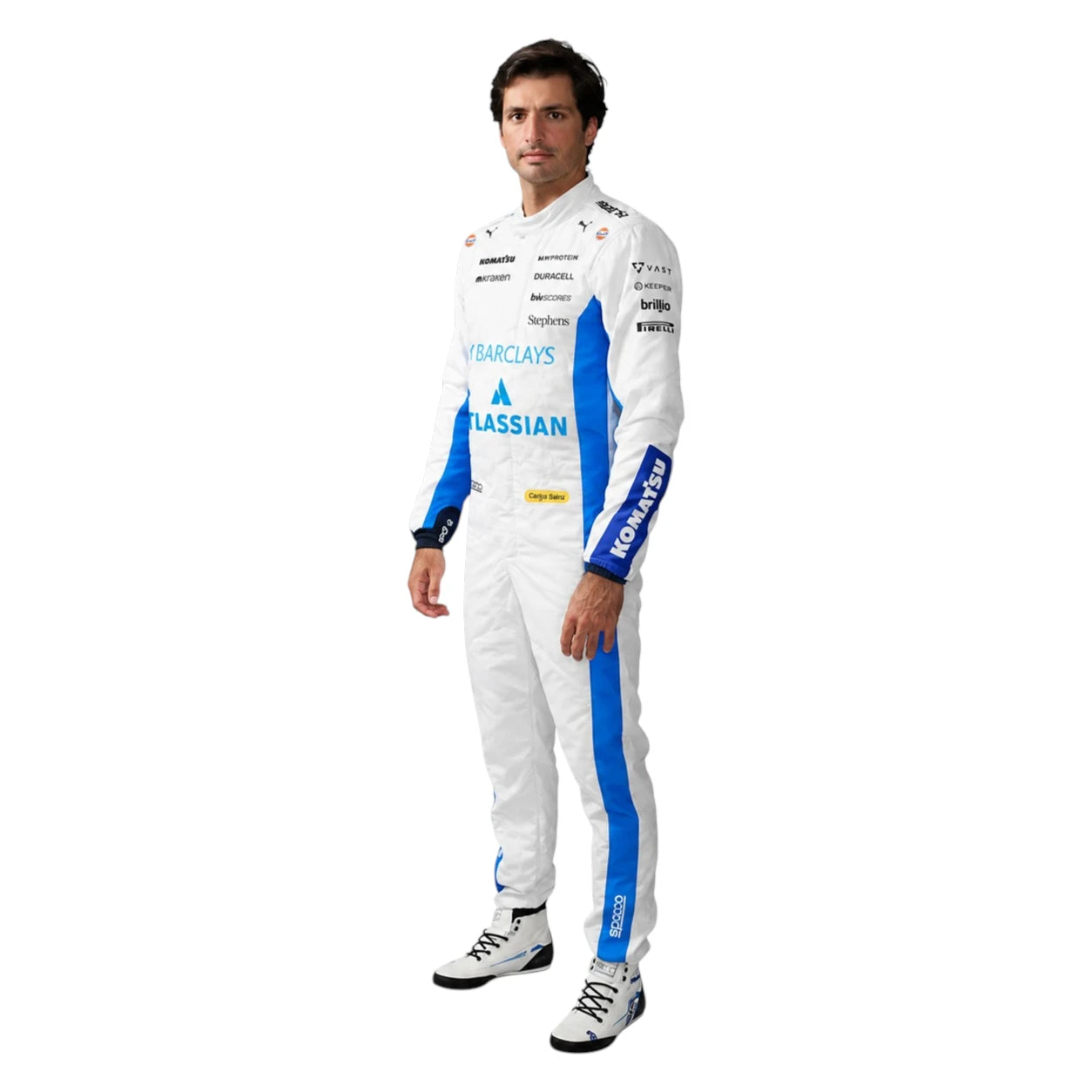 Carlos Sainz 2026 Williams F1 race suit in white and blue with sponsor logos