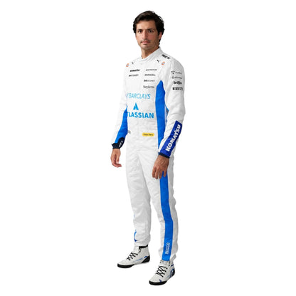 Carlos Sainz 2026 Williams F1 race suit in white and blue with sponsor logos