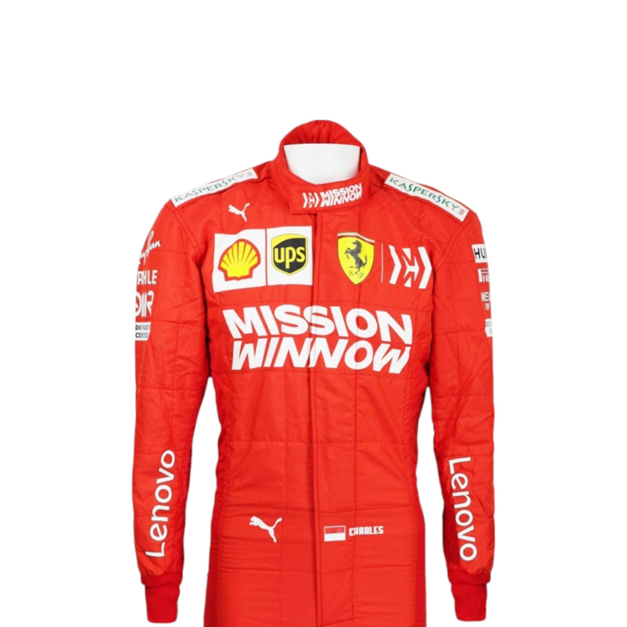 Charles Leclerc 2019 Ferrari F1 race suit in signature red with Ferrari and sponsor branding